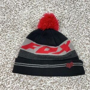 Fox Racing Hat Beanie Mens One Size Black Gray Pom Knit Motorcycle Logo Winter